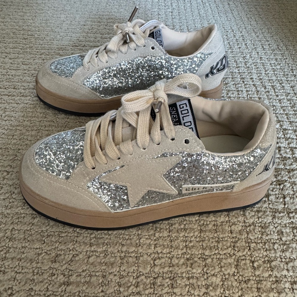 Beige and Silver Glitter Sneakers